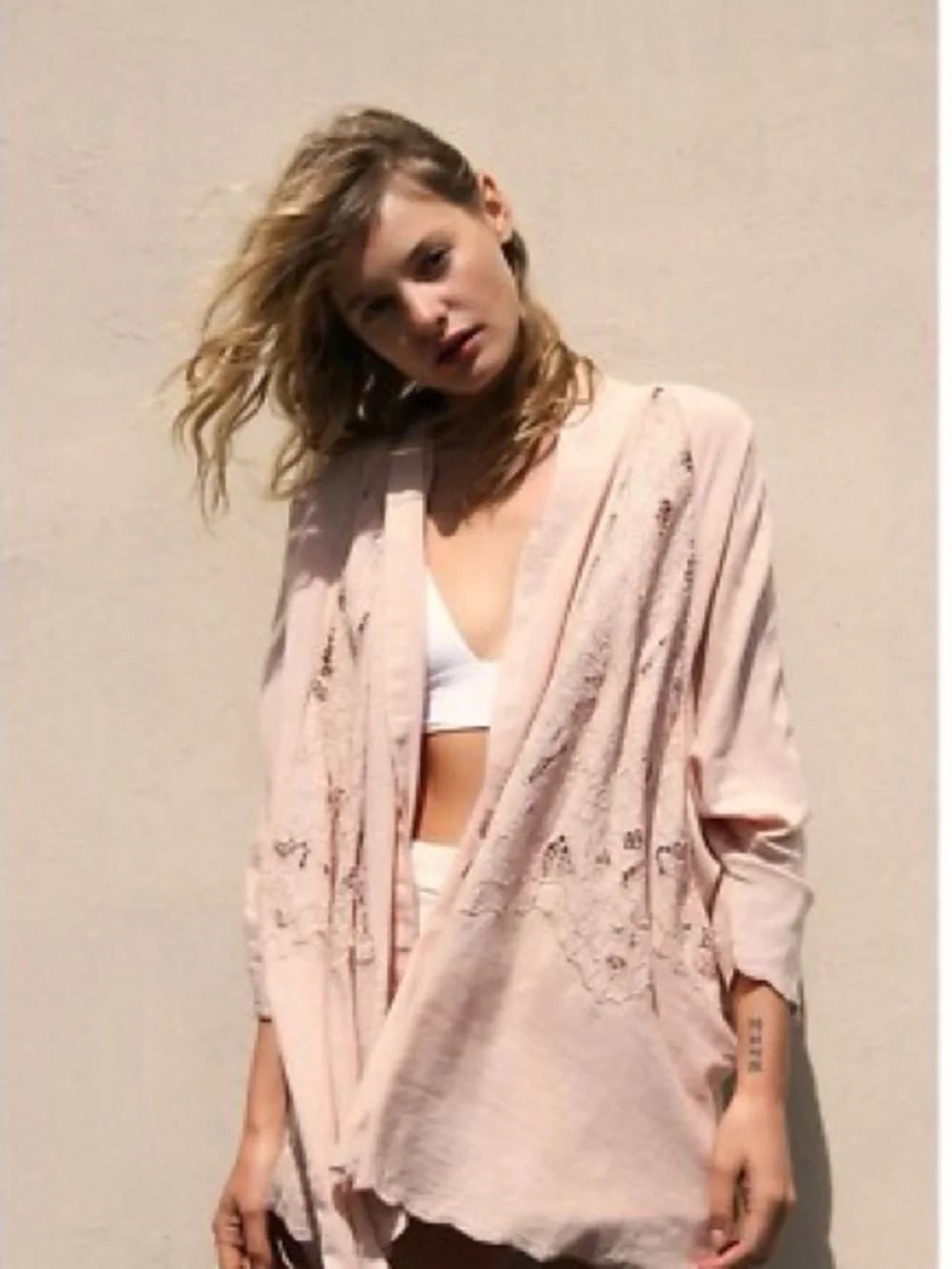 Free People Cool Nights kimono pink Eyelet Lace Cutout Cardigan Cover Up large